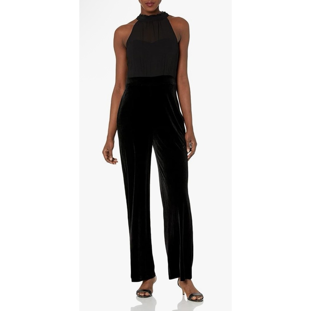 Vince Camuto Jumpsuit Womens Size 8 Chiffon Velvet Black Formal Holiday Sheer